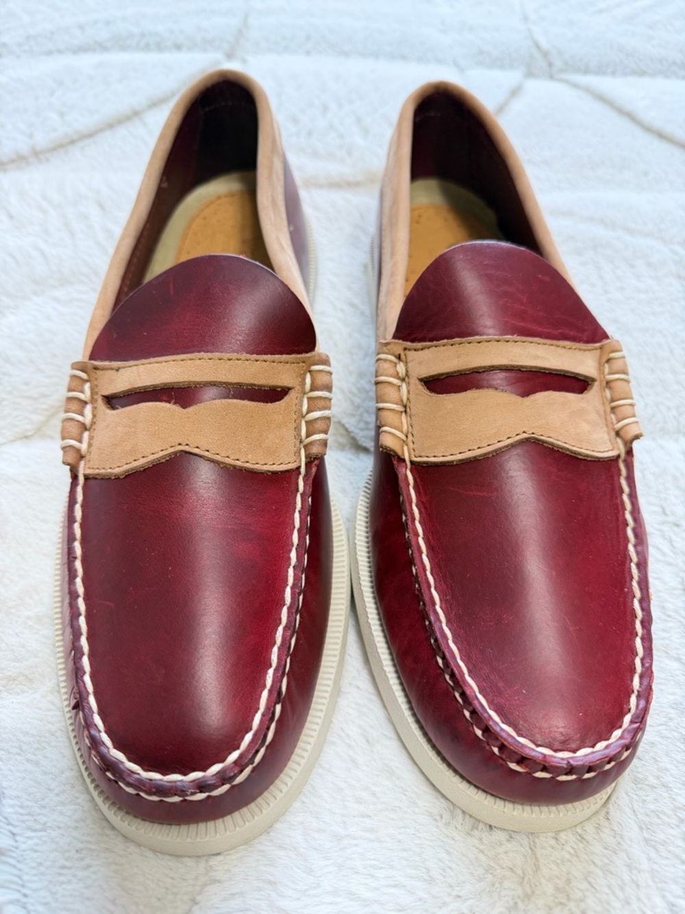NEW! $195 Weejuns GH Bass Men's Red Burgundy Tan Leather Boat Penny Loafers 9.5